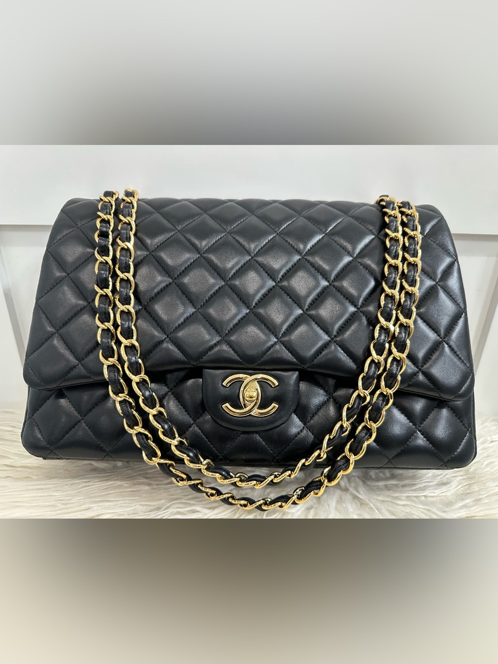 CHANEL Black Quilted Lambskin Double Flap Shoulder Bag with Gold Chain